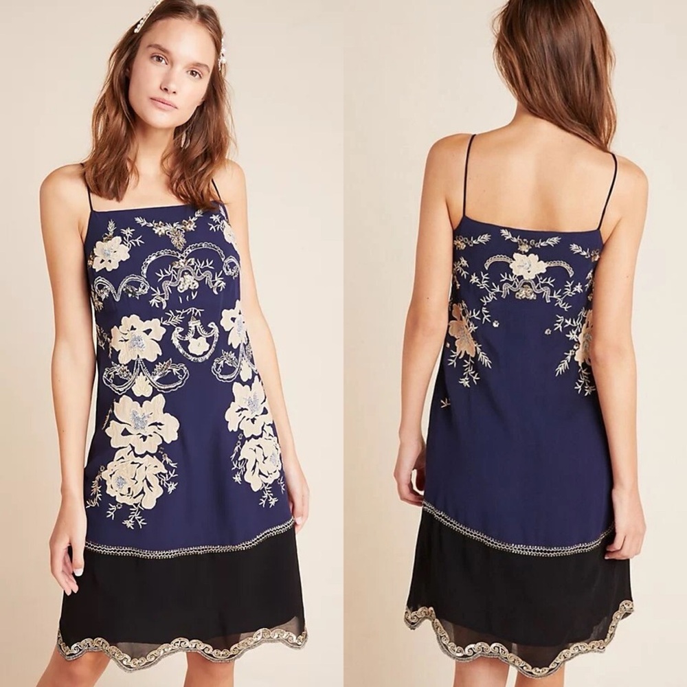 Anthropologie Allaire Embroidered Slip Dress Sequin Floral Navy Blue Gold Size S
